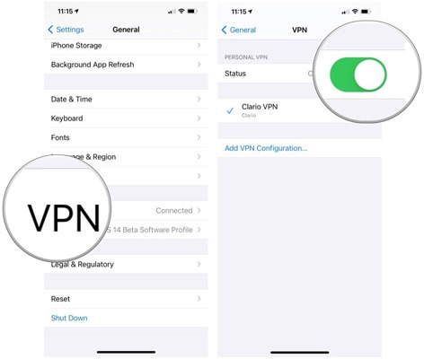 Активное VPN соединение в настройках iPhone